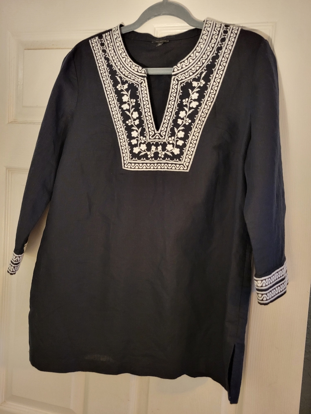 Talbots Black White Embroidered Linen Cotton Tunic Size M Boho Women's Blouse